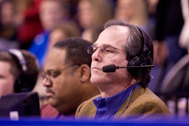 The “Voice of the Billikens” Bob Ramsey calls a game at Chaifetz Arena on Jan. 26. Ramsey has been behind the microphone for over 25 years annoucing Billiken basketball to the St. Louis area. Ryan Giacamino / Photographer