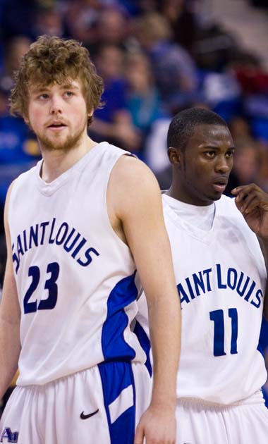 Kyle Cassity (23) and Mike McCall (11) led the Billikens with 17 and 11 points, respectively. McCall also dished out a team-high six assists against the Minutemen of Massachusetts on Wednesday, Feb. 2, at Chaifetz Arena. Ryan Giacomino / Photographer 