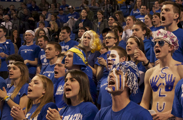 A packed house celebrates at Chaifetz Arena during the annual Blue Out game against Charlotte Feb. 19. Shah (Yuqing Xia) /Associate Photo Editor