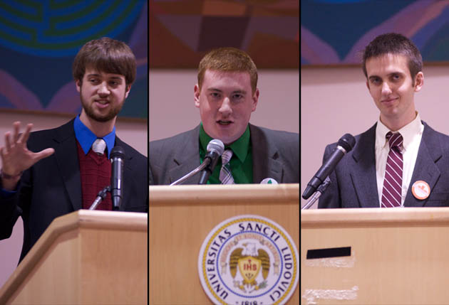 SGA presidential candidates (from left) Tim Janczewski, Jimmy Meiners and Matt Ryan deliver opening statements during the debates Feb. 15 in the Saint Louis Room. Shah (Yuqing Xia) / Associate Photo Editor