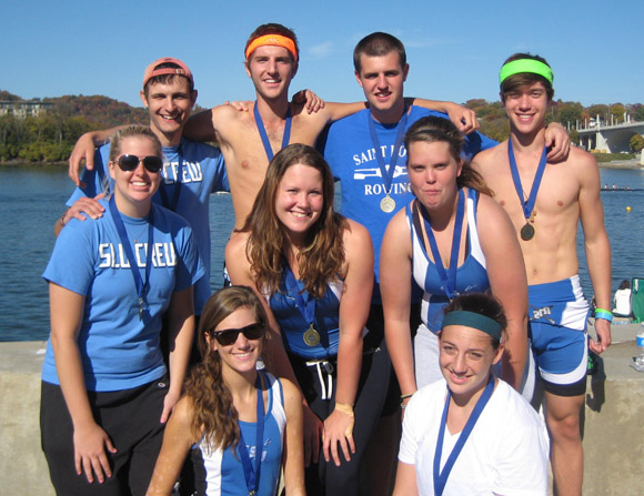 Members of Saint Louis University’s club crew team celebrate their victorious outing at the Head of the Hooch Regatta, held annually on the mighty Tennessee River.  Photo Courtesy of Senior Hannah Beaty