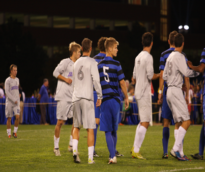 Midfielder Michael Robson lines up for a corner kick against Central Arkansas. The Billikens impressed the huge Homecoming crowd with a 3-0 victory. Charles Bowles/ Sports Editor 