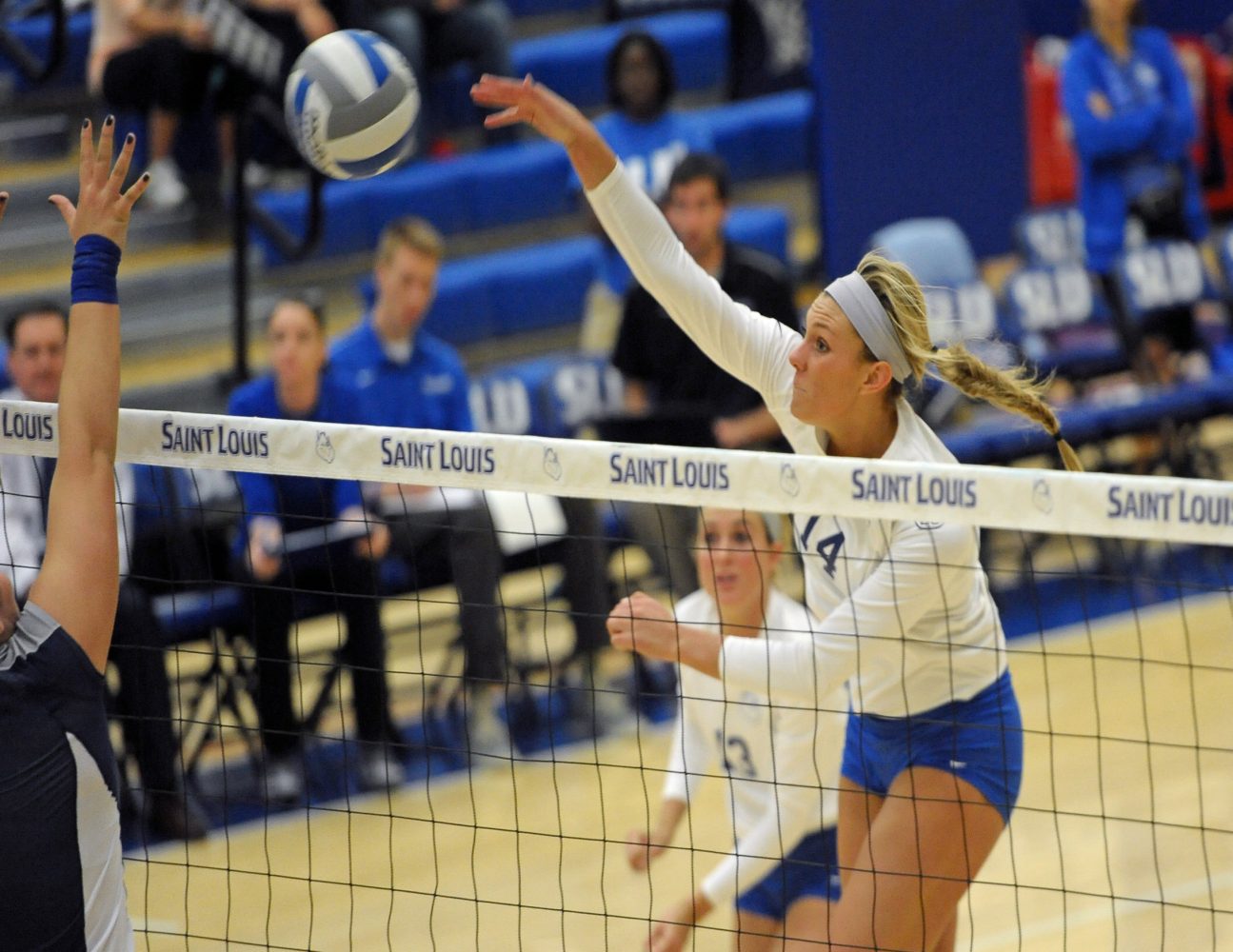 Senior Carly Marcum spikes the ball against the La Salle Explorers. This was Marcum’s final game at Chaifetz Pavillion. Courtesy of Billikens Media Relations. 