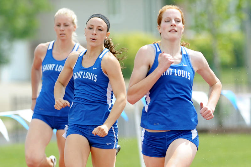 Allison Walter, Ashley Roach and Mallory Duggar running the 400-meter during the inaugural Billiken Invitational last season. Photo courtesy of Billiken Media Relations