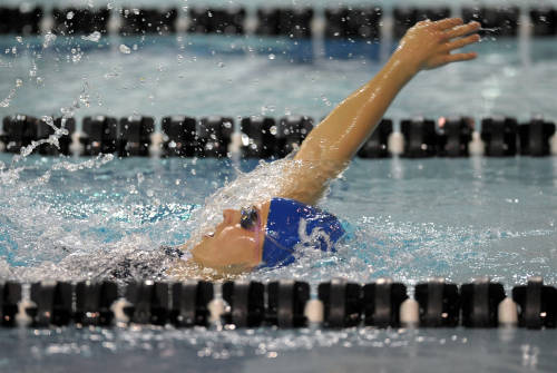 Junior Taylor Streid swimming the backstroke during the Missouri Invitational. Streid raced in the 200 backstroke. Photo courtesy of Billiken Media Relations