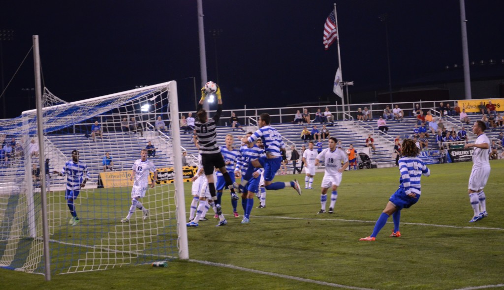 Nick Shackleford makes one of his three saves against No.4 Creighton Wednesday night
