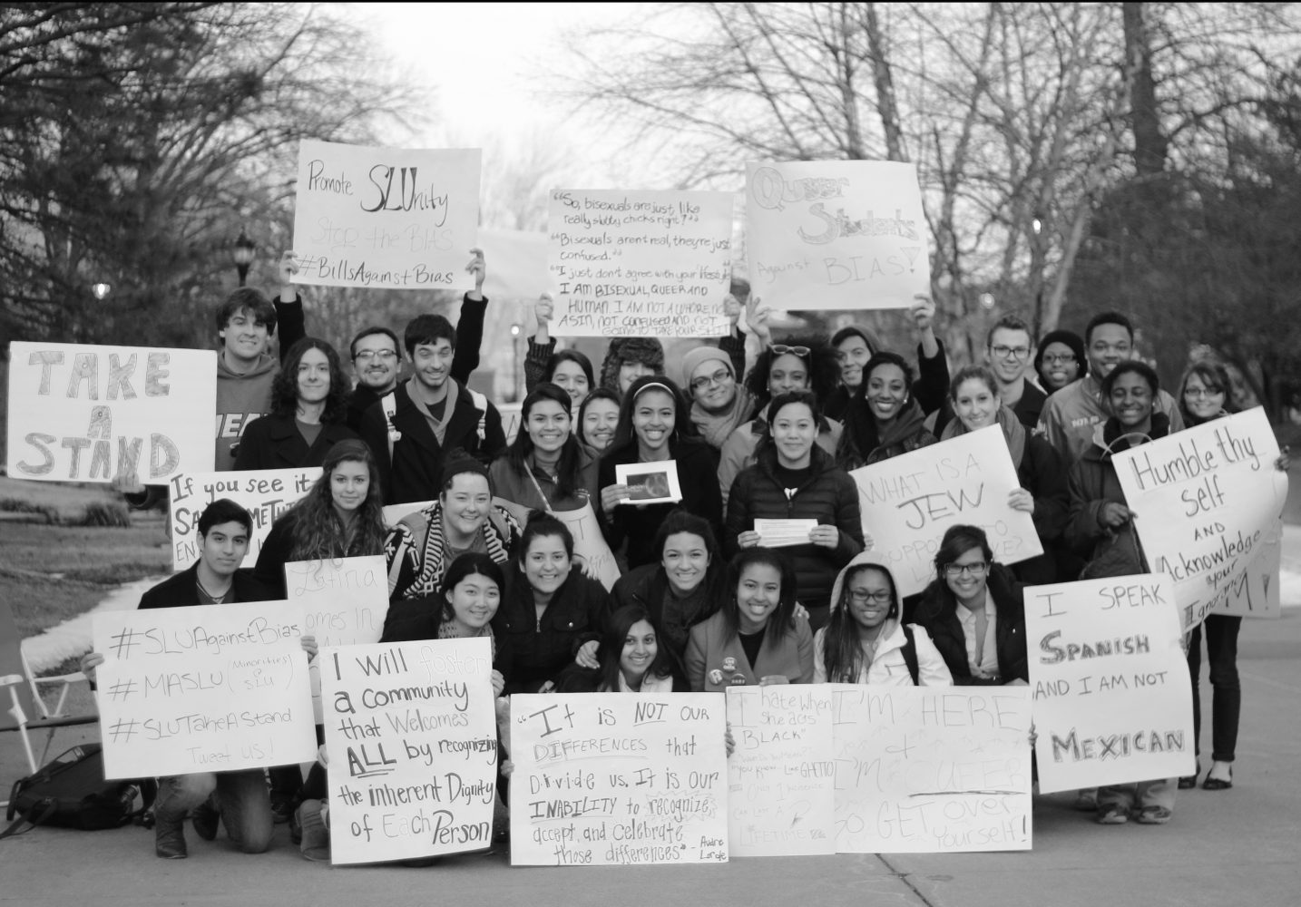 Standing against bias: SLU students at the Billikens Against Bias Incidents sit-in. The protest was inspired by the recently reported incident concerning one of SLU’s sororities. 
Photos courtesy of Christopher Martin 
