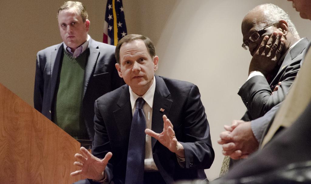 Moving forward: Mayor Slay speaking during Wednesday night’s panel. Photo by Ryan Quinn / Staff Photographer 