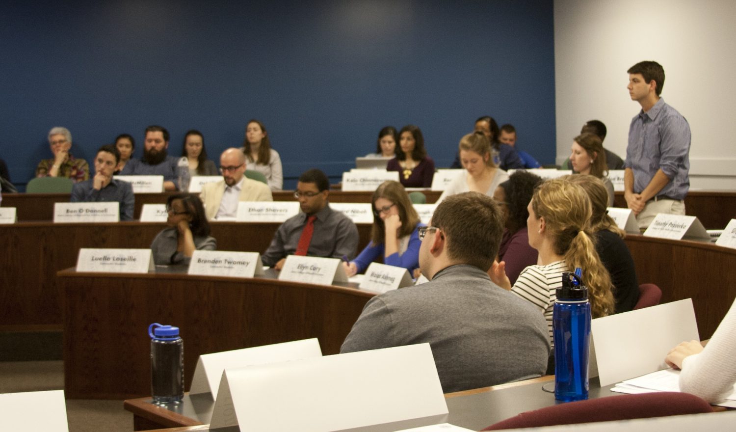 Senators seeking solutions: SGA senator Mike Degnan directs a question to Sue Chawszczewski, the Director of Campus Ministry at SLU. Chawszczewski outlined many Campus Ministry intiatives, including new mission trips. Paul Brunkhorst / Associate News Editor