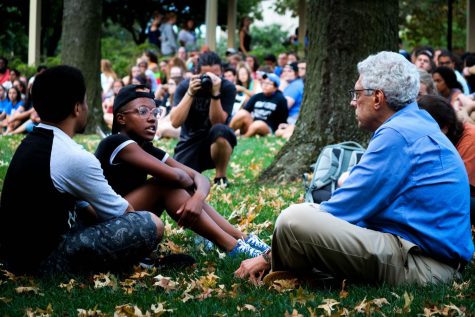 SLU president Dr. Fred Pestello joins students Tre Watterson and Mya Petty to listen to their concerns related to both the Jason Stockley verdict and the issues they face as students of color on campus.