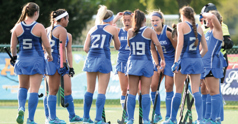 SLU Field Hockey comes up with a game plan after giving up a goal.