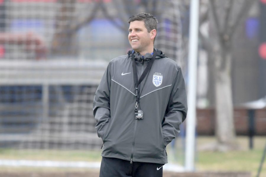 New+SLU+Mens+Soccer+Head+Coach+Kevin+Kalish+looks+on+during+practice.+Kalish+was+named+head+coach+in+January+and+posted+first+win+over+NIU.