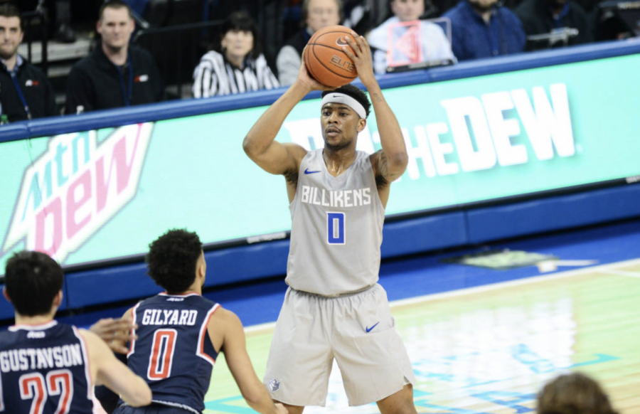 Jordan Goodwin pulls up to shoot in the Billikens’ conference loss to Richmond on Wednesday night. This is the Bills second loss in Chaifetz Arena and second in a row.