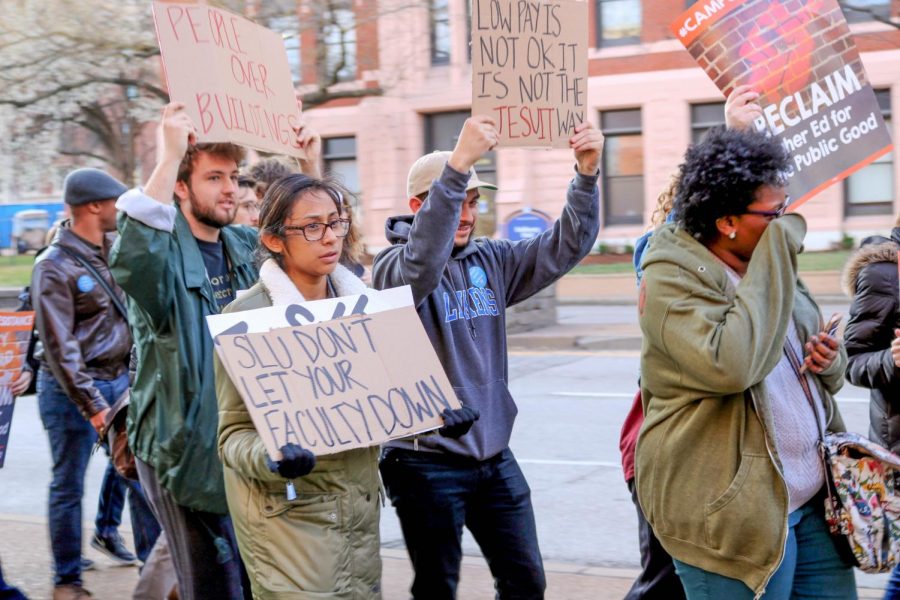 SLU community marched for adjunct professors in spring 2017 with many of the same grievances as discussed in the SavingSLU movement. (Emma Carmody / The University News)