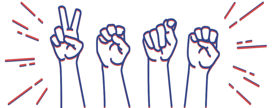 Line drawing of hands spelling out VOTE in ASL