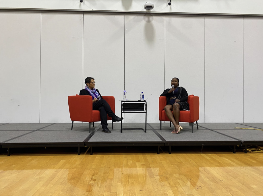 Dr. Karla Scott (left) and Dr. Bedelia Richards (right) speak about racism in higher education after Richards lecture.