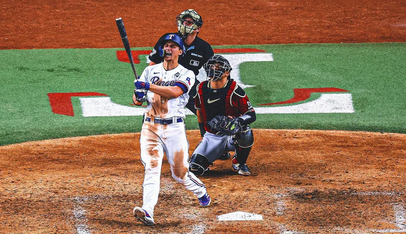 Corey Seager (SS) of the Texas Rangers hitting a game-tying home run in game one of the World Series against the Arizona Diamondbacks on Oct. 27, 2023 (Photo Courtesy of FOX Sports.