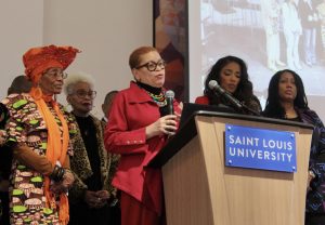Economist Julianne Malveaux speaks at a briefing held by the Descendants of the St. Louis University Enslaved on Feb. 8, 2024. Malveaux helped the group calculate the value of wages for enslaved people who labored at Saint Louis University. 