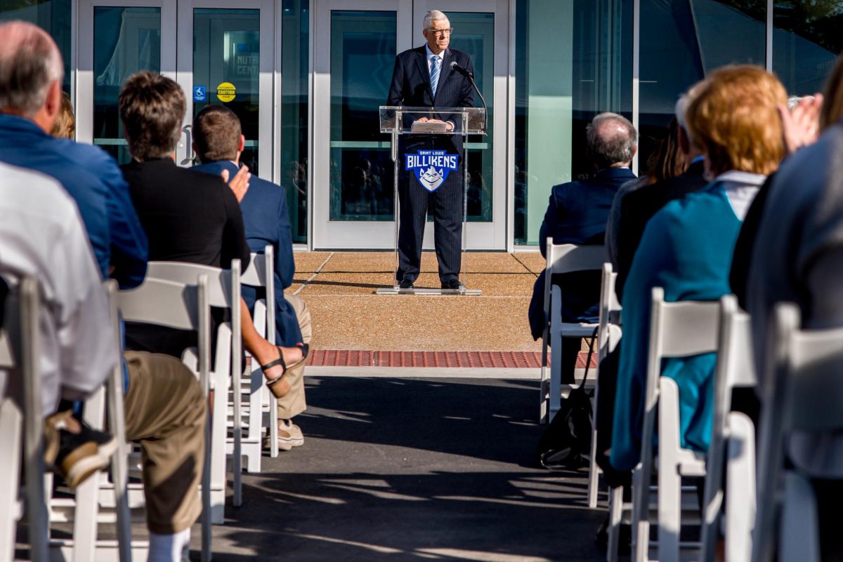 President+Fred+P.+Pestello%2C+Ph.D+speaks+before+the+ribbon-cutting+of+the+O%E2%80%99Loughlin+Family+Champions+Center+in+Oct.+2023.