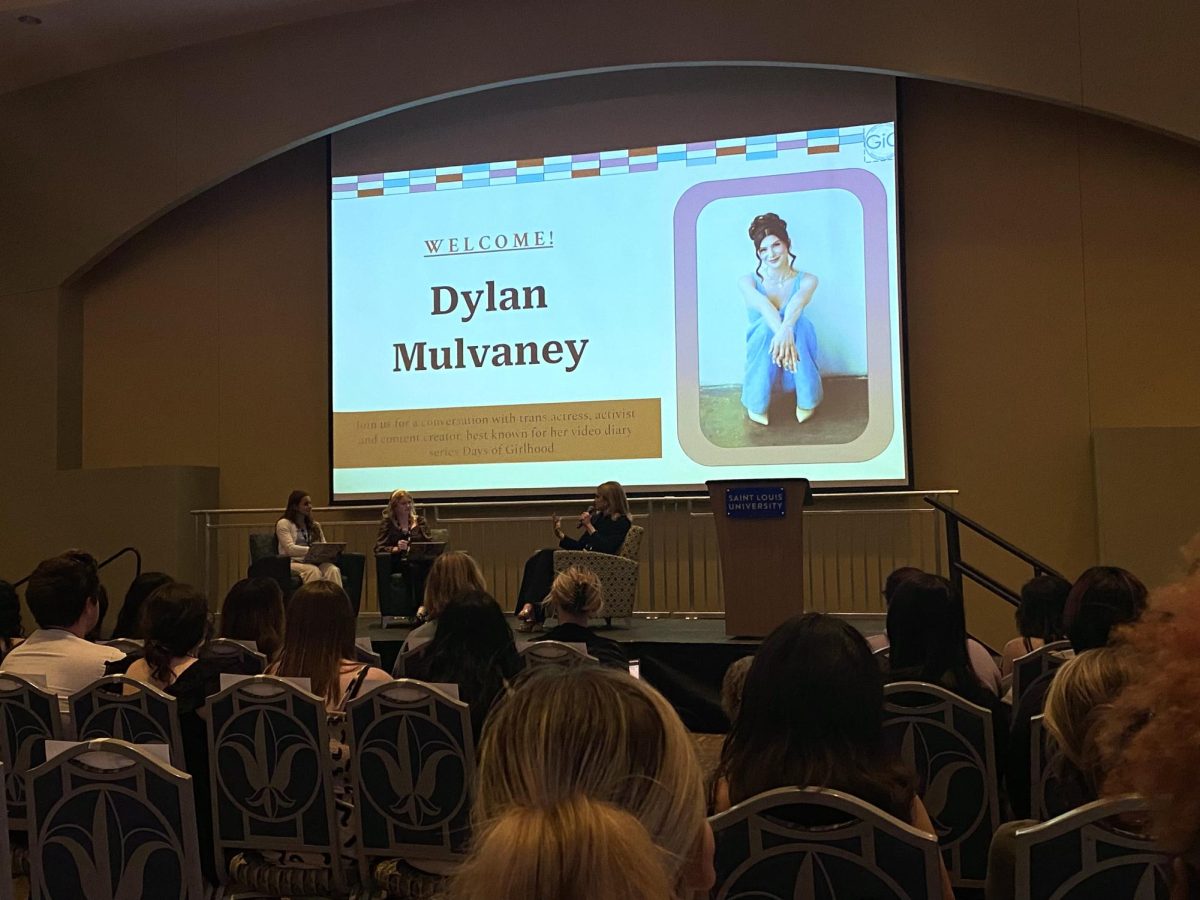Dylan+Mulvaneys+presentation+in+the+Wool+Ballroom+with+approximately+500+students+in+attendance+at+Saint+Louis+University+on+April+22%2C+2024