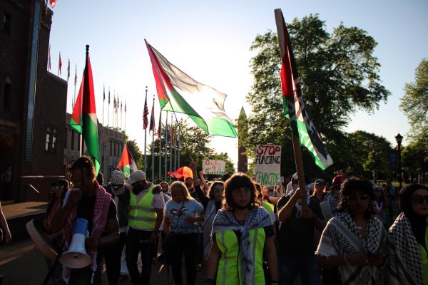 Students, staff and community members march down West Pine to protest Israel’s bombardment of Gaza on May 1, 2024. The protest ended with no escalation or police arrests.