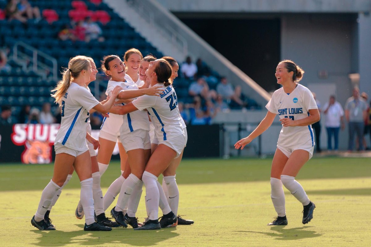 SLU Women's Soccer celebrates a goal on Sep. 8, 2024, at CITYPARK. 