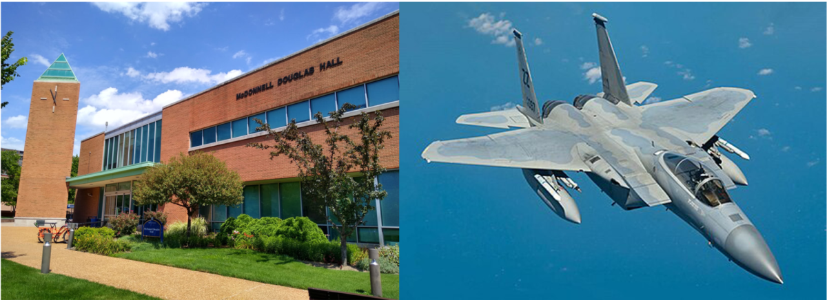 Graphic created by Joseph Glaser. Picture of McDonnell Douglas Hall from University Grounds and picture of F-15 Fighter Jet from Wikipedia.