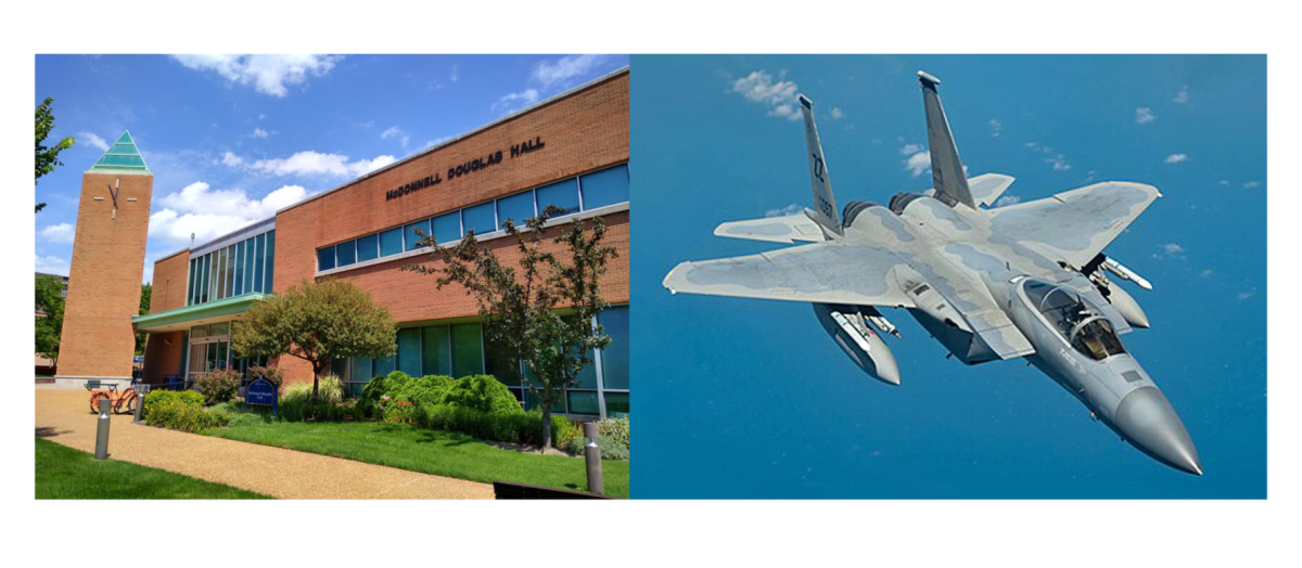 Graphic created by Joseph Glaser. Picture of McDonnell Douglas Hall from University Grounds and picture of F-15 Fighter Jet from Wikipedia.