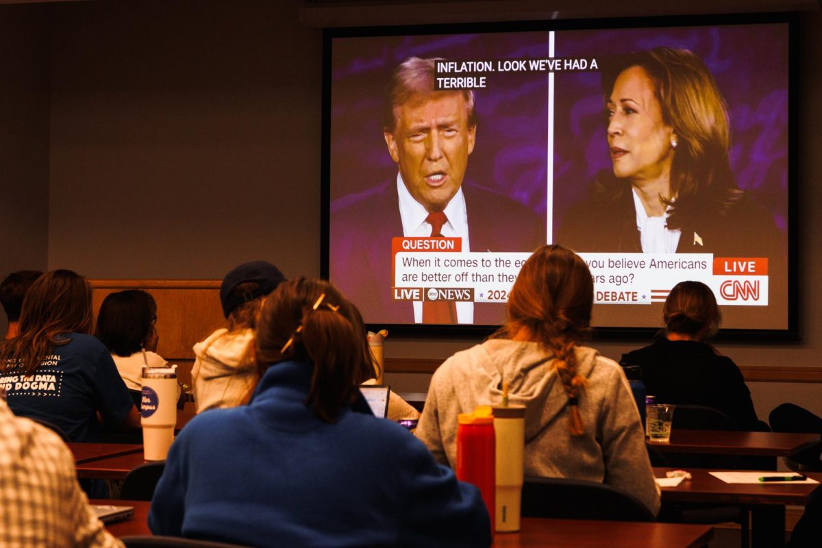 Around 30 people gathered at Adorjan Hall for a debate watch party convened by the history honor society Phi Alpha Theta on Tuesday, Sept. 10, 2024.