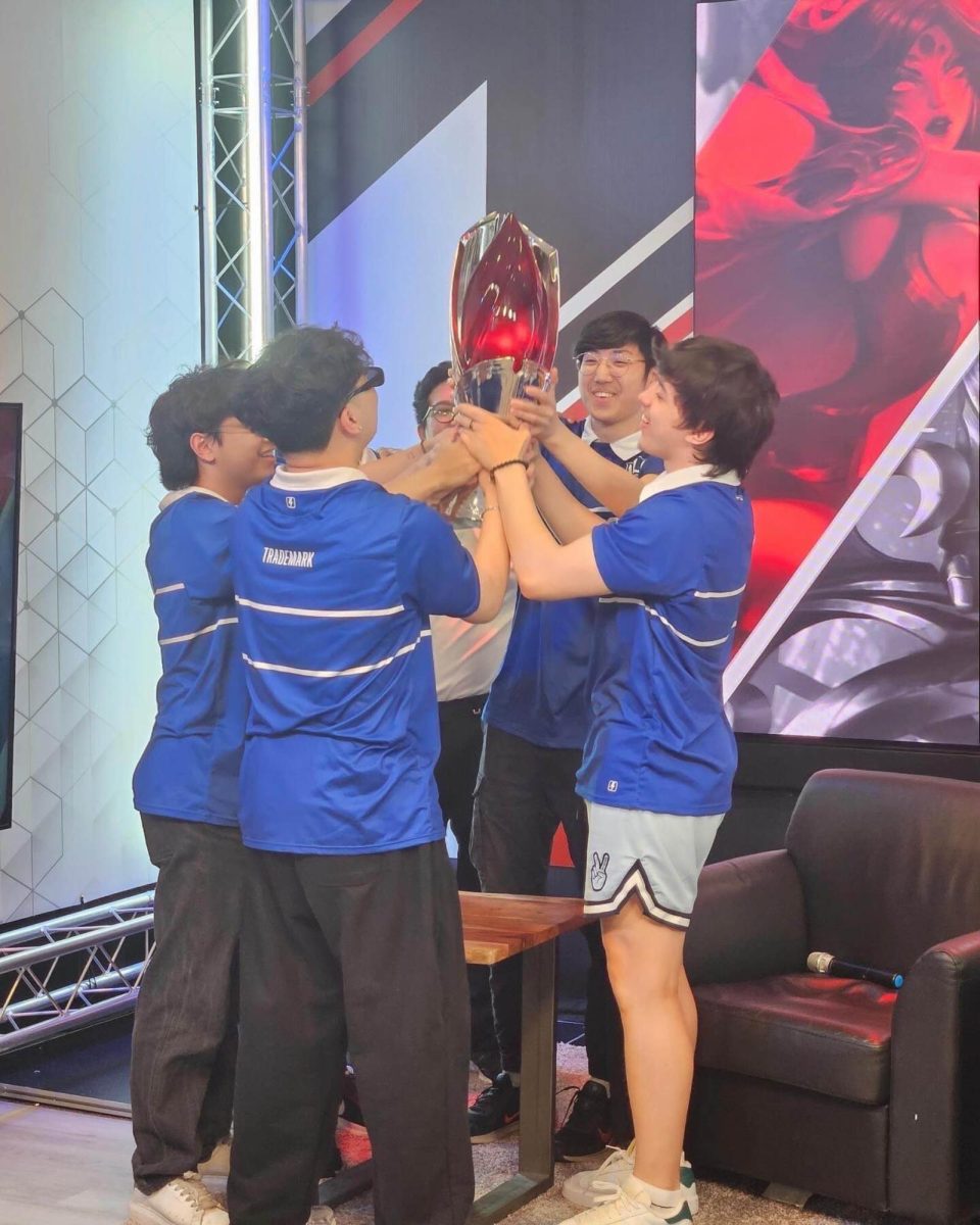 The Saint Louis University varsity League of Legends team hoists their trophy from the College League of Legends National Championship on June 8, 2024. Photo courtesy of SLU eSports club.