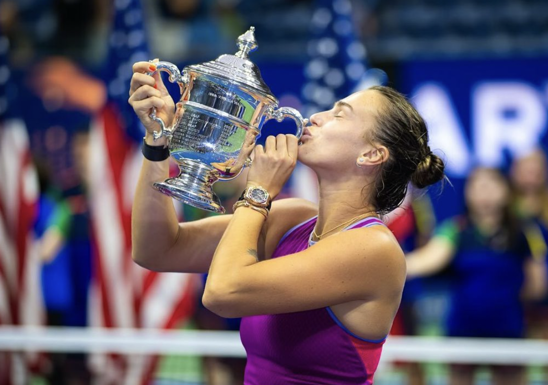 2024 US Open singles champion, Aryna Sabalenka, after defeating opponent Jessica Pegula for the title. 