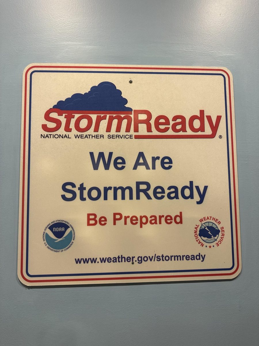 A StormReady sign shows that Saint Louis University is certified by the National Weather Service for being weather prepared. The sign is photographed in the Busch Student Center outside the bookstore on Oct. 7, 2024.