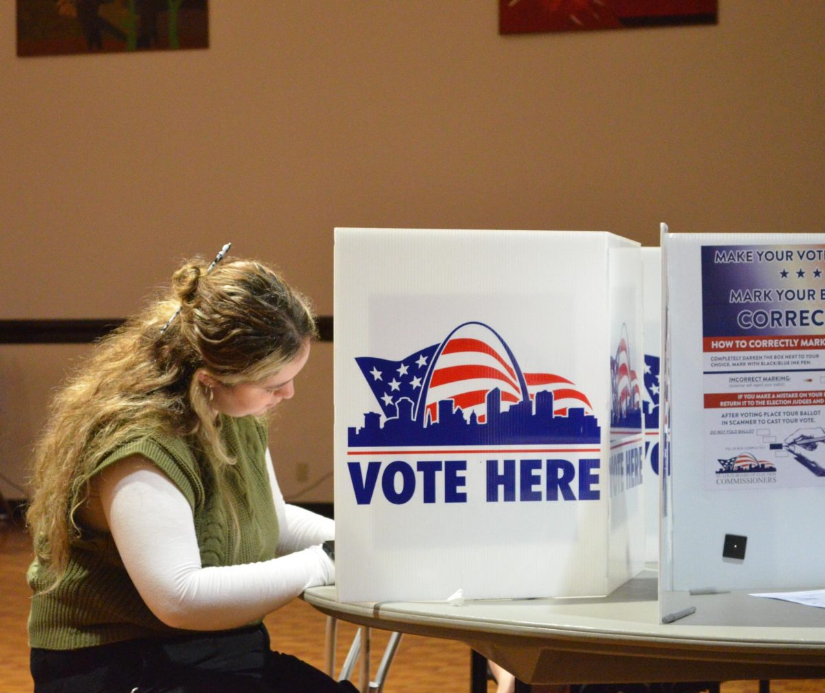 Many students and community members took their time filling out a long ballot at a voting site at Saint Louis University's Busch Student Center on Nov. 5, 2024. (Nivindee Fernando / The University News)
