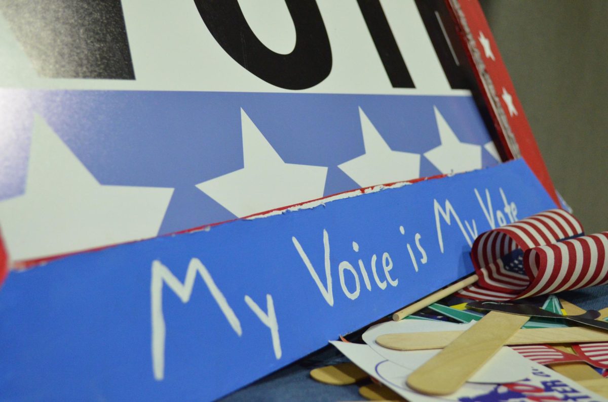 American-themed props were placed at the photo booth for attendees to pose with at an election night watch party at Saint Louis University’s Center for Global Citizenship on Nov. 5, 2024.