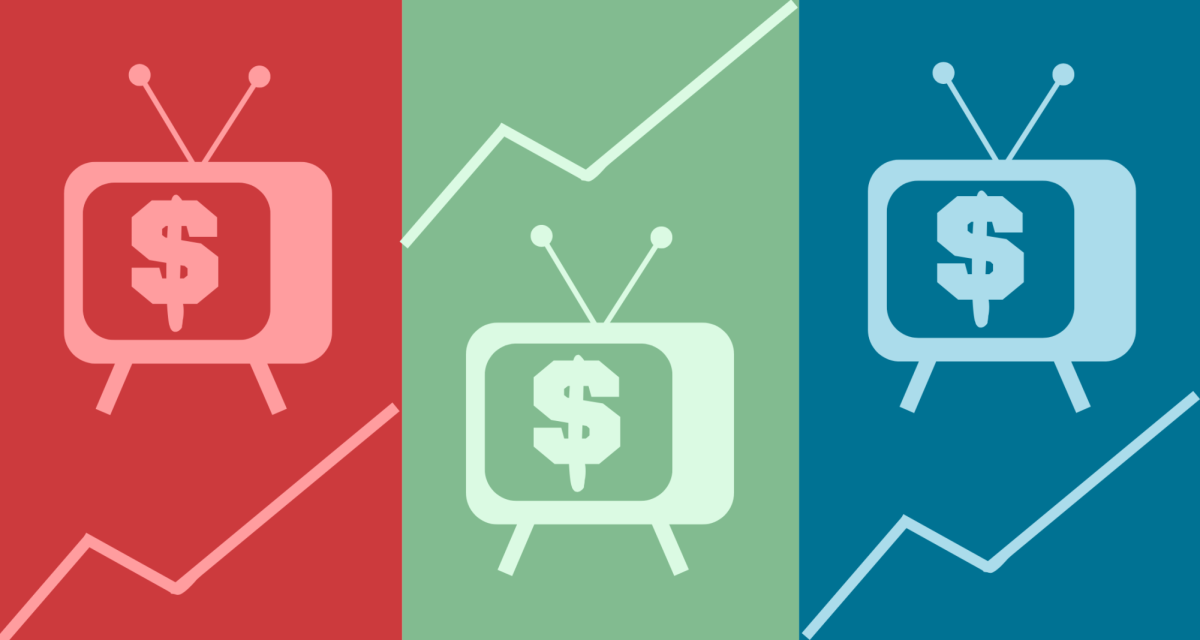 Depiction of televisions and dollar signs symbolize the rising costs of sports streaming service options.