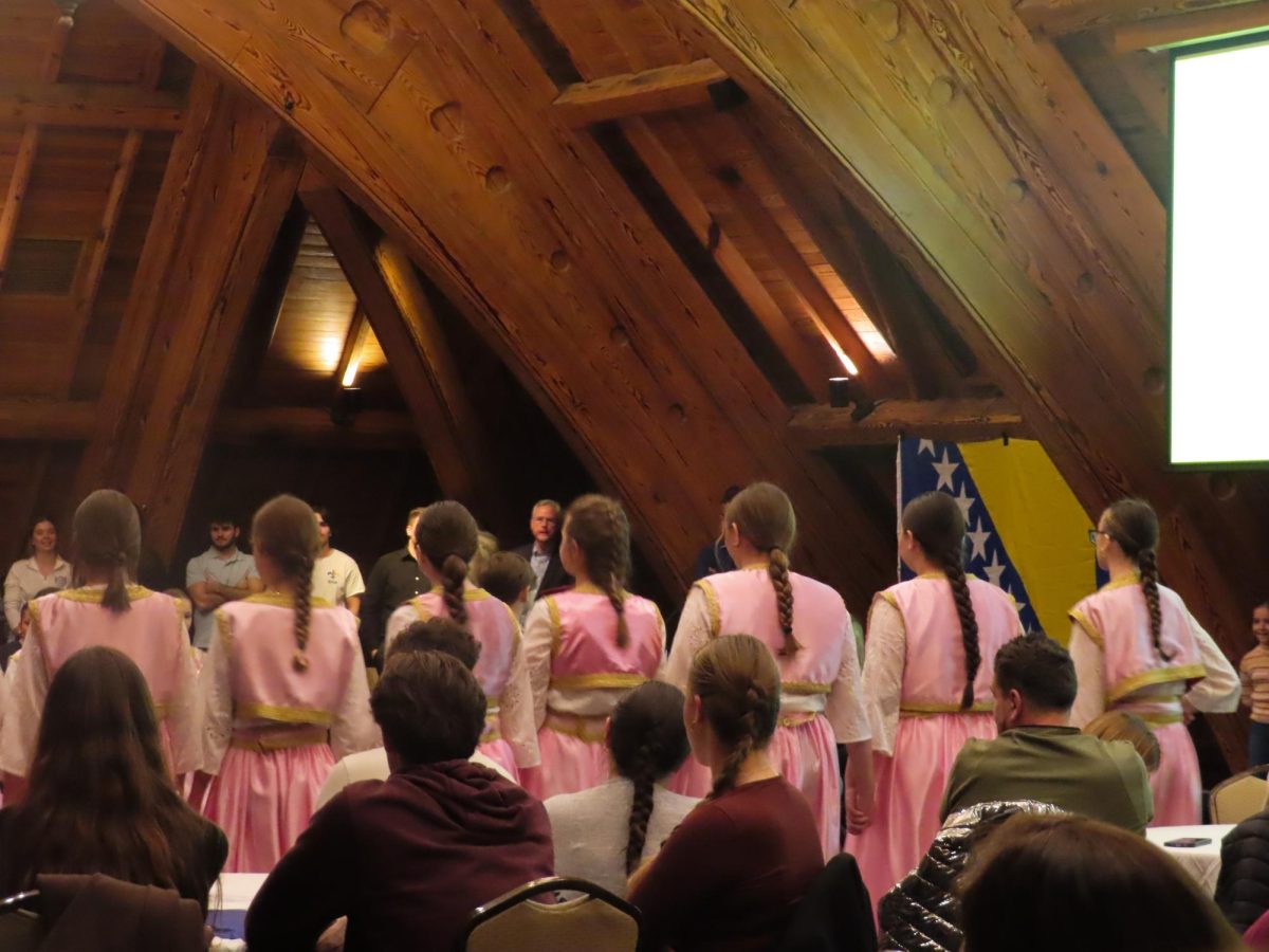 Members of the Kud Djerdan group perform a traditional cultural dance during the Bosnian Statehood Day celebration in the Sinquefield Stateroom on Nov. 22, 2024. 