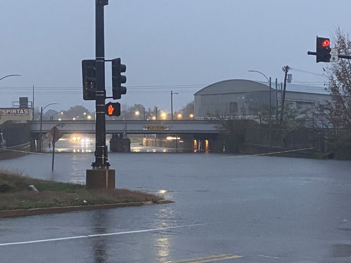 During a period of heavy rain on Nov. 5, floodwater pools at the intersection of Skinker Blvd. and Olive St. in St. Louis, MO.  (Photo courtesy of St. Louis Metropolitan Police Department.)
