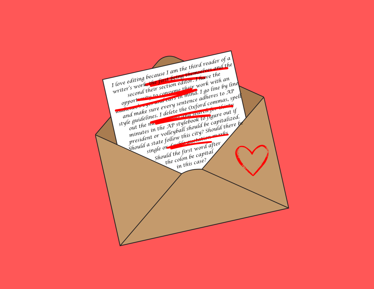 Graphic depicting a love letter with red editing marks.