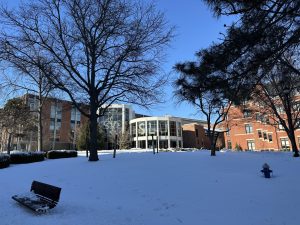 Snowfall pictured around Pius Memorial Library on Jan. 8.