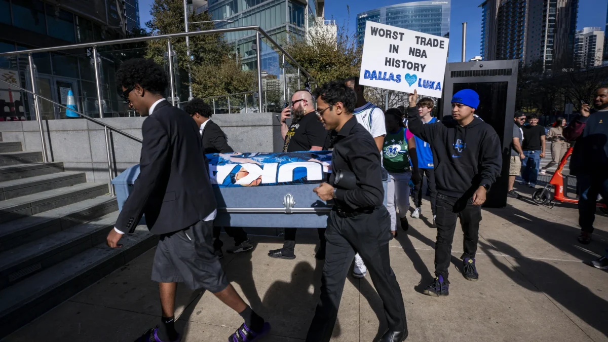 Mavericks fans hold a funeral for Luka Dončić outside American Airlines Center the morning after the trade on Feb. 2, 2025. Photo courtesy of Sports Illustrated/ Jerome Miron.