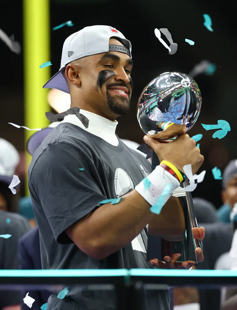 Philadelphia Eagles quarterback, Jalen Hurts, holding the Vince Lombardi Trophy after winning Super Bowl LIX on Sunday Feb. 9, 2025, at Caesar’s Superdome in New Orleans, Louisiana. Photo courtesy of Mark J. Rebilas, Imagn Images.