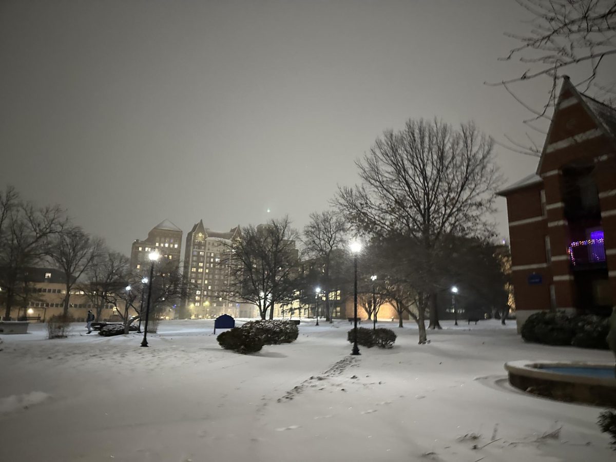 Snow falls at night outside Brown Hall on Feb. 18, 2025. 