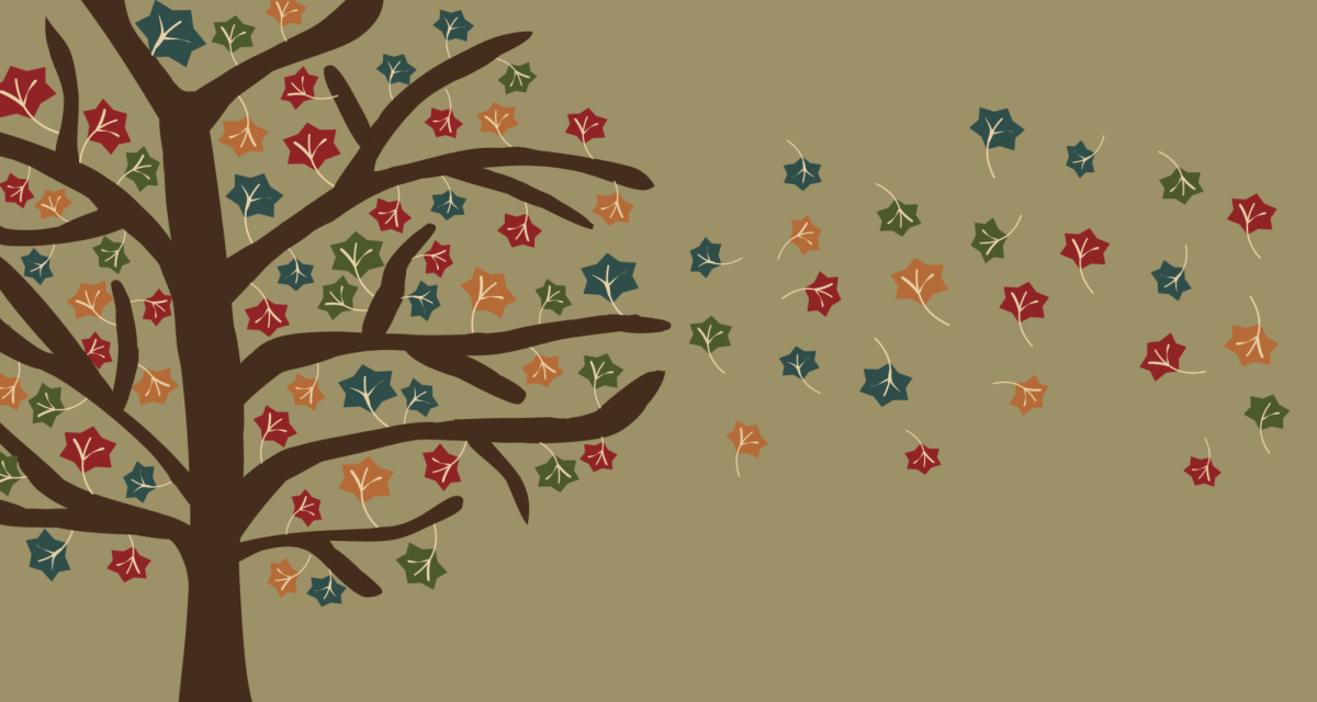 Depiction of colorful leaves falling off a tree symbolizing the fall season and the idea of letting go. Graphic by Nejla Hodzic.