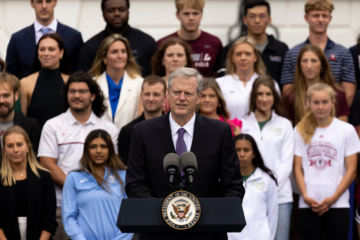 NCAA President Charlie Baker giving a speech about the updated transgender athlete policy. Photo courtesy of Julia Nikhinson/For The Washington Post.