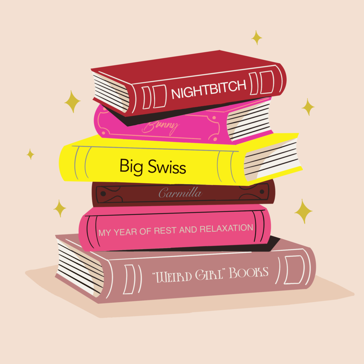 Illustration of a stack of books representing popular "weird girl" literature. Graphic by Ashlyn Jones.