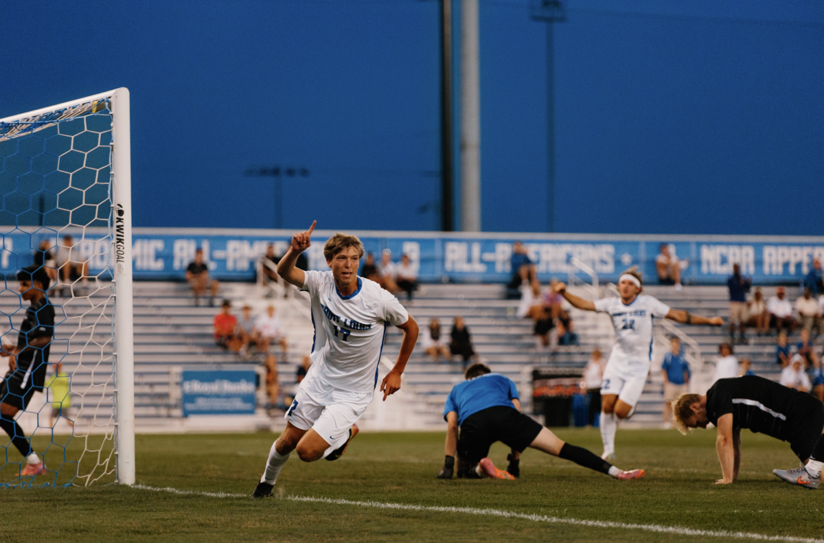 Andrew Heckenlaible (17) celebrates after scoring the game winning goal vs. Southern Methodist University on Aug. 24, 2025 at Hermann Stadium.