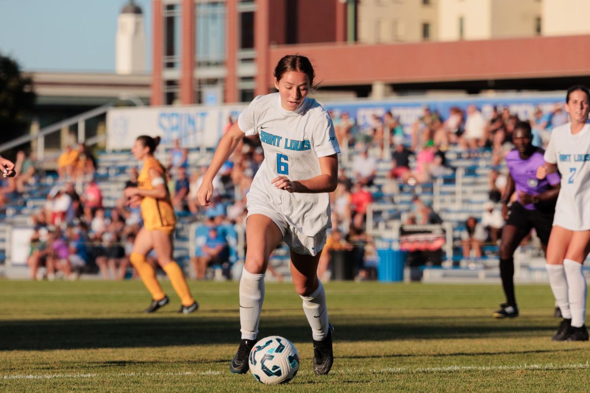 Sophomore forward Audrey Smith gains possession of the ball in the SLU Women’s Soccer home opener at Hermann Stadium on Sunday, Aug. 24. 