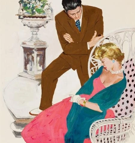 A tempera painting by Jim Schaeffing titled “A Casual Conversation,” featuring a man looking at a pouting woman, from 1950.