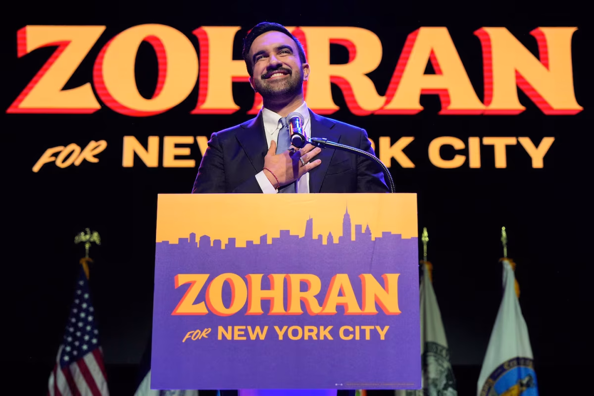 Incumbent New York City Mayor Zohran Mamdani giving his victory speech at Brooklyn Paramount in Brooklyn, New York, on Nov. 4, 2025 (Yuki Iwamura / AP Photo).