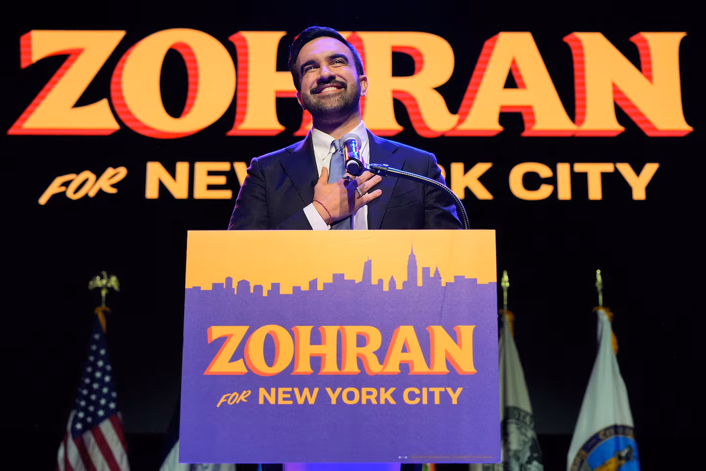 Incumbent New York City Mayor Zohran Mamdani giving his victory speech at Brooklyn Paramount in Brooklyn, New York, on Nov. 4, 2025 (Yuki Iwamura / AP Photo).